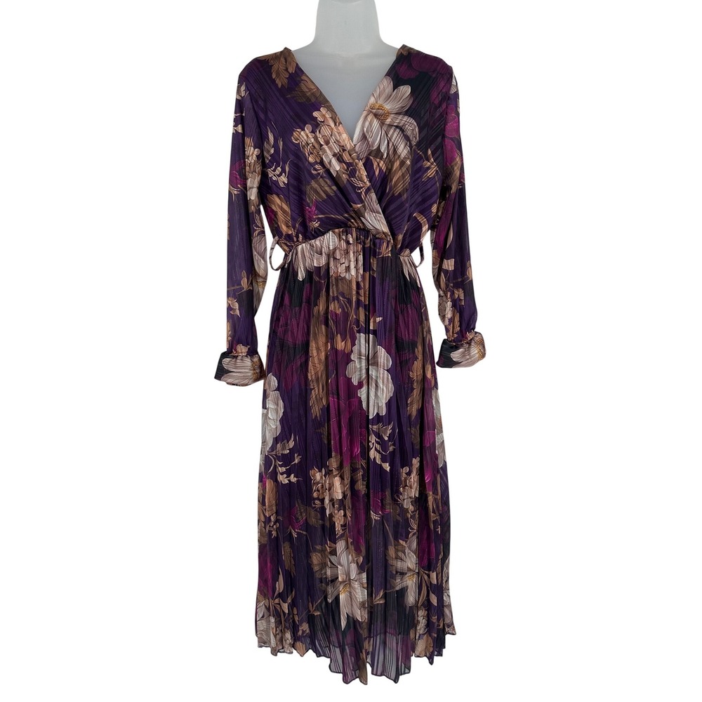 New Collection Italy Purple Floral Pleated Metallic Maxi Dress Long Sleeve Wrap